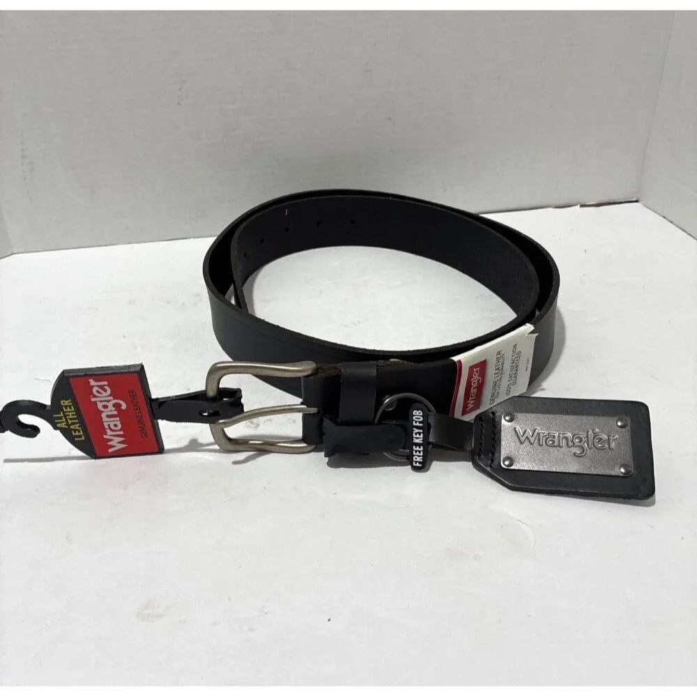 New Wrangler Men's Genuine Black Leather Casual Belt free key fob metal buckle s